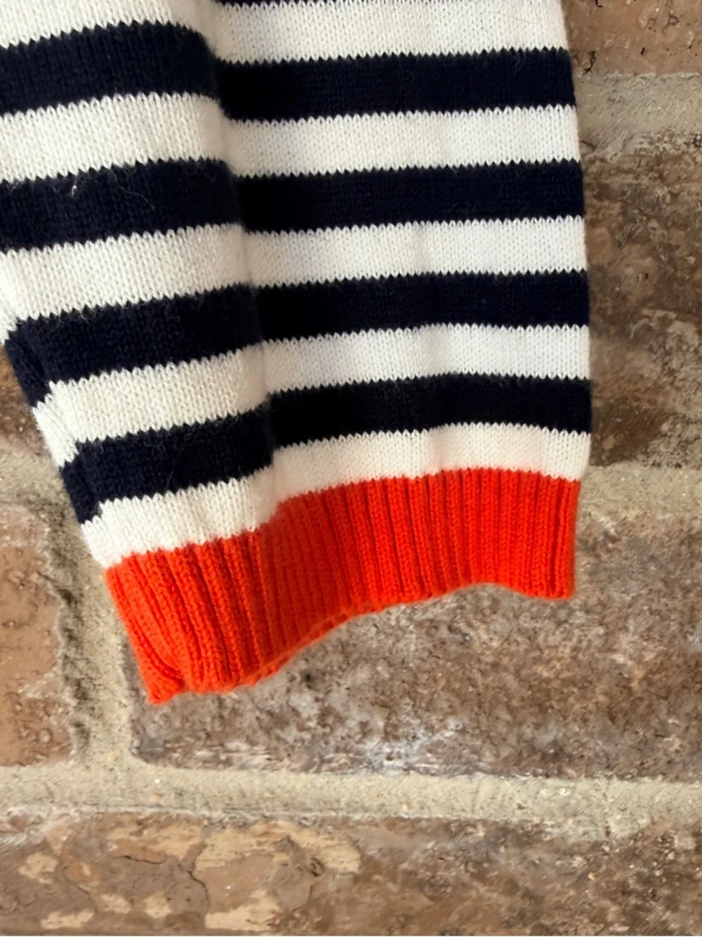 Navy & White Striped Crewneck Sweater with Red Trim